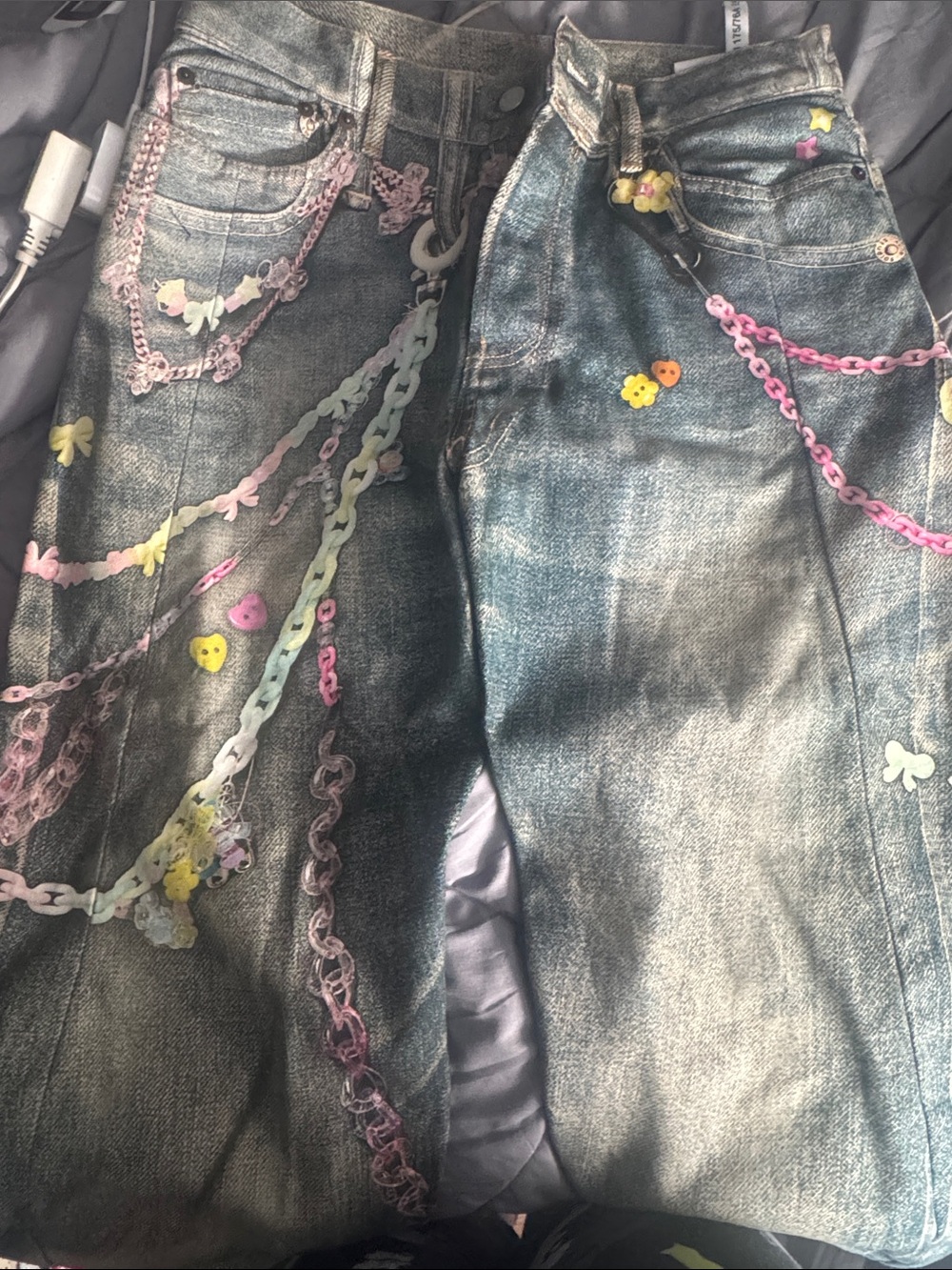 Acne Washed Blue unisex Jeans with Pastel Chain & Flower Embellishments